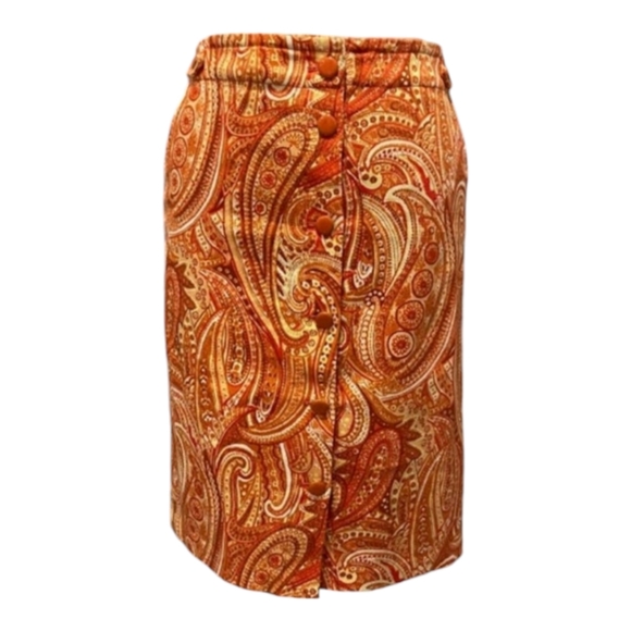 Talbots Paisley Pencil Skirt Orange Button Front Retro Secretary Career Casual - Picture 1 of 14